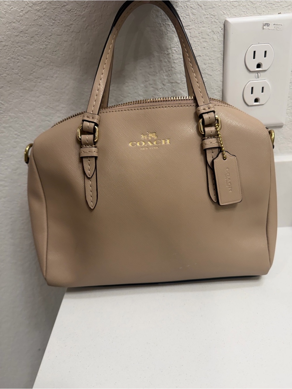 COACH Taupe Pebble Leather Satchel with Gold-Tone Hardware